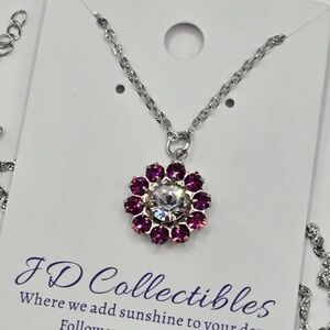 Fuchsia Pink Flower Necklace Made w Swarovski Crystals Silver